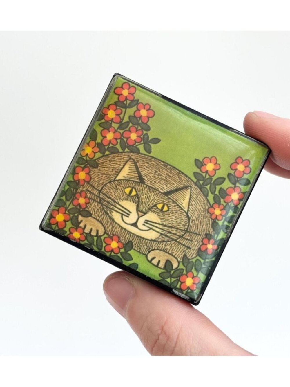 Orange Cat Floral Lacquered Square Wood Floral Vintage Trinket Box | Jewelry Box